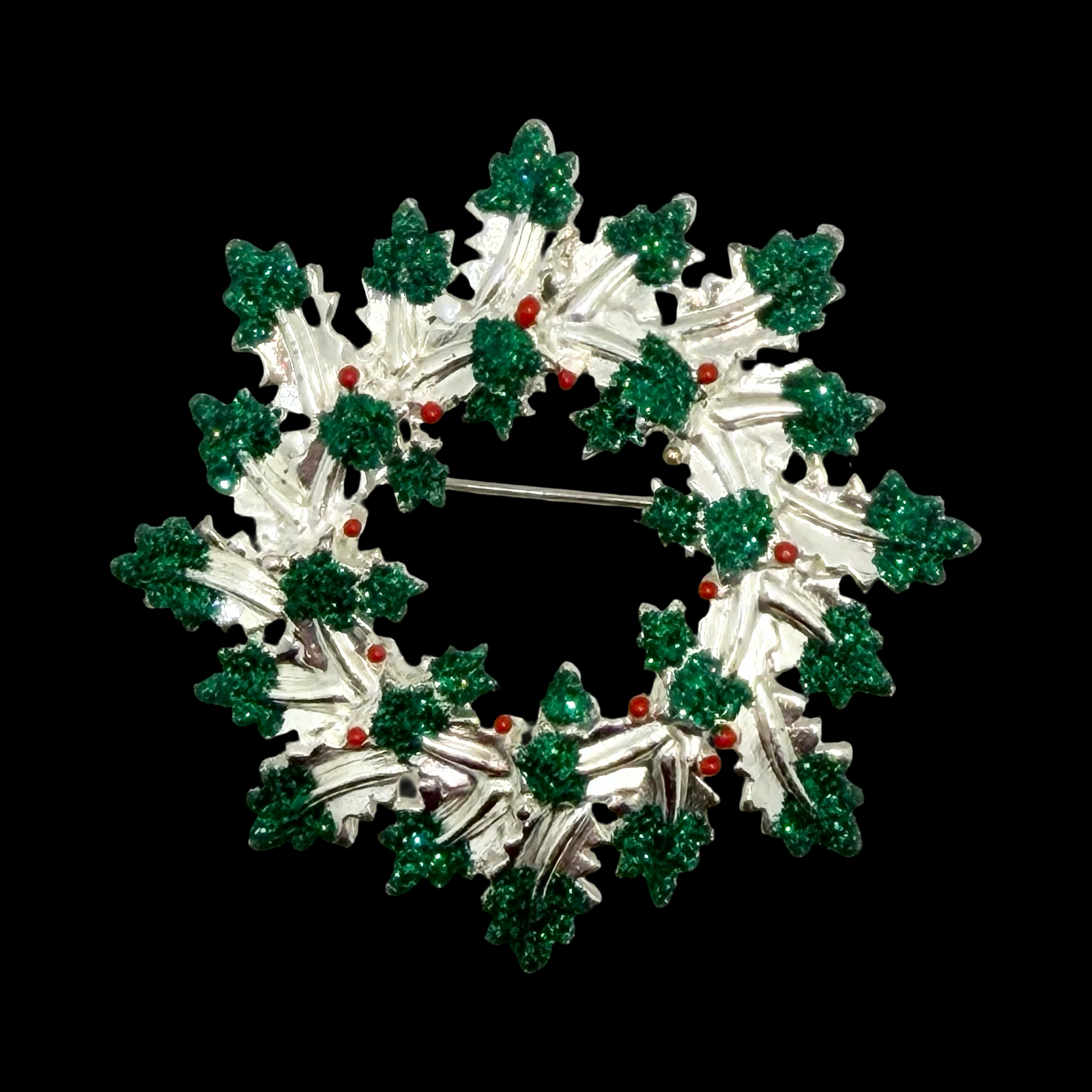 Vintage Danecraft Christmas Green Glitter Wreath Pin Brooch Silver Tone 2