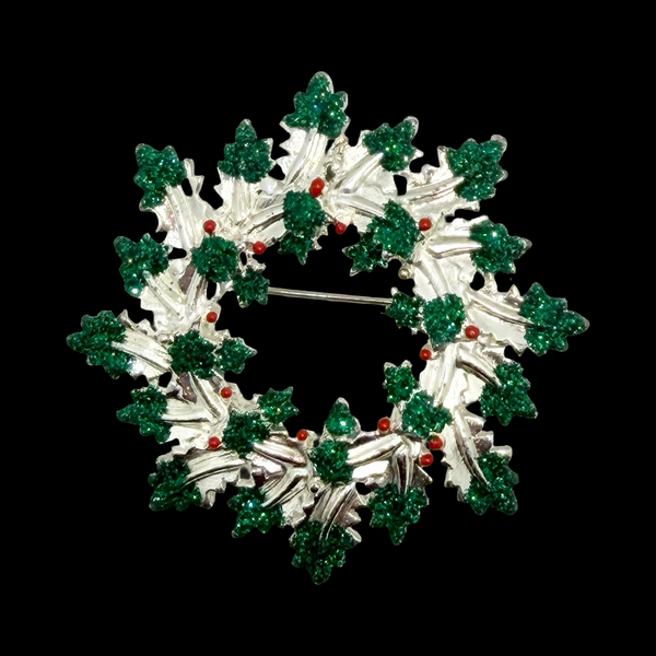 Vintage Danecraft Christmas Green Glitter Wreath Pin Brooch Silver Tone