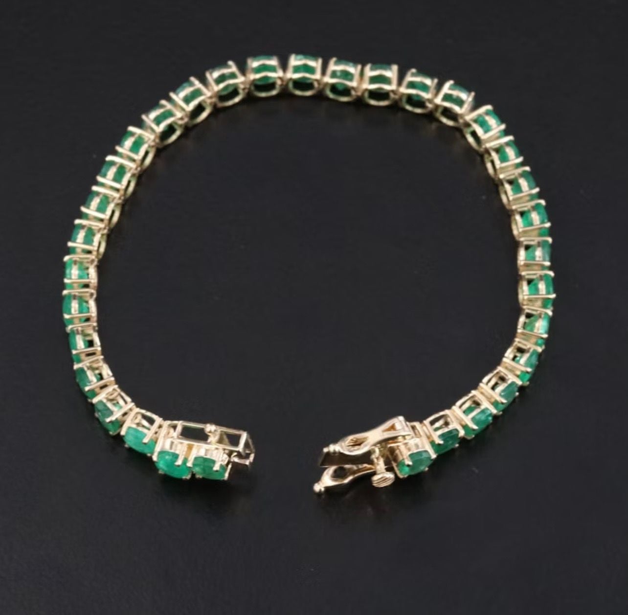 14K yellow gold 4-Prong natural Emerald Tennis Bracelet 7