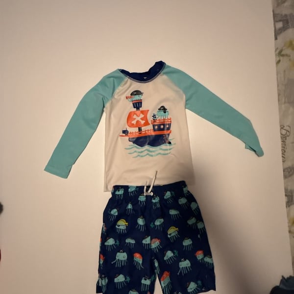 The Children's Place Boys Toddler Long Sleeve Rashguard and Swim Trunk 2 Piece Set Pirate Octopus 5T