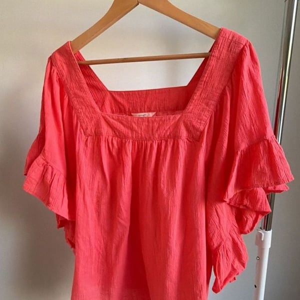 Terra & Sky Coral Pink Crinkle Gauze Square Neck Peasant Top with Ruffled Sleeves