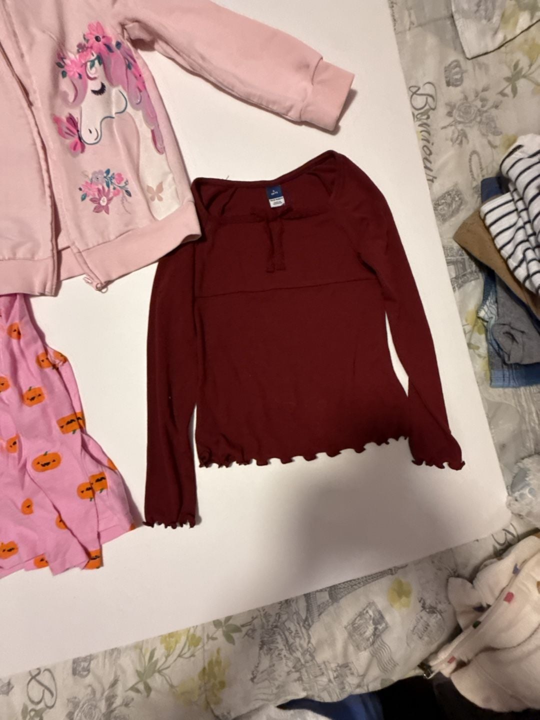 Girls 3-Piece Clothing Bundle: Pink Unicorn Full-Zip Hoodie, Pink Pumpkin Long Sleeve Shirt, and Burgundy Ruffle Top 2