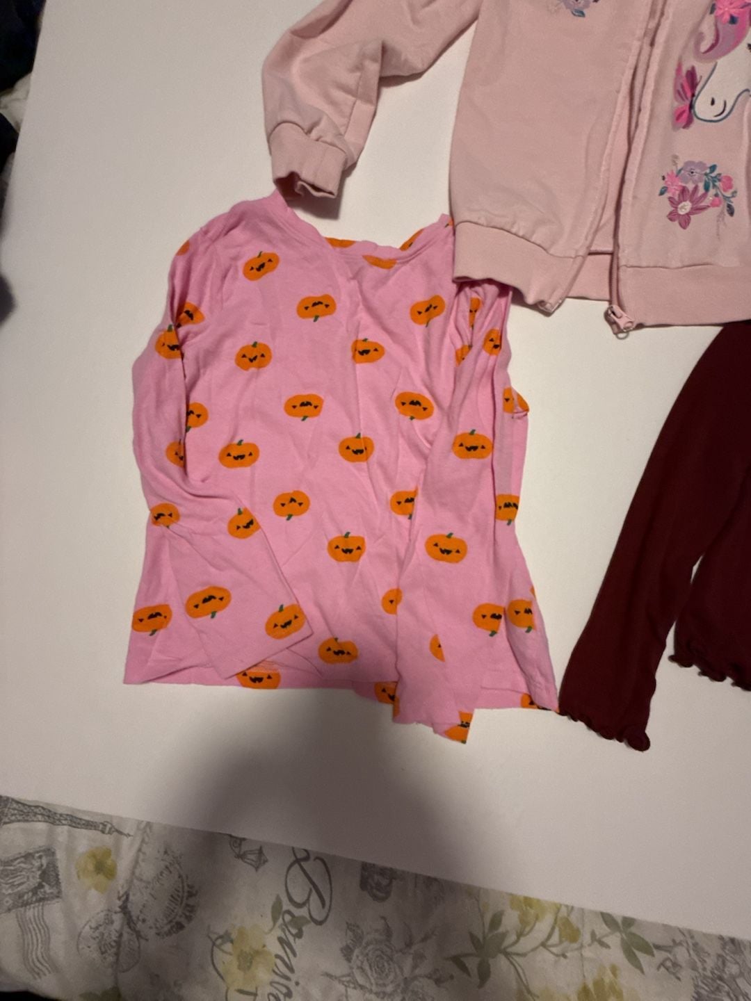 Girls 3-Piece Clothing Bundle: Pink Unicorn Full-Zip Hoodie, Pink Pumpkin Long Sleeve Shirt, and Burgundy Ruffle Top 3