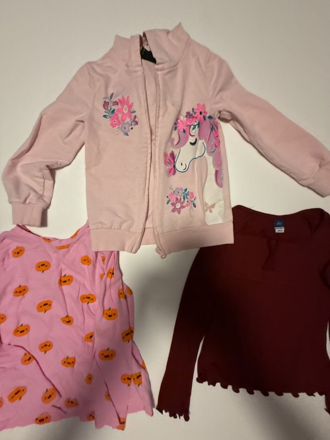 Girls 3-Piece Clothing Bundle: Pink Unicorn Full-Zip Hoodie, Pink Pumpkin Long Sleeve Shirt, and Burgundy Ruffle Top 4