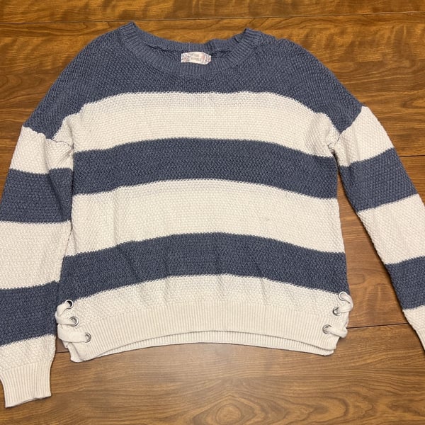 Pink Republic Blue and White Striped Laced Hem Pullover Sweater Size L