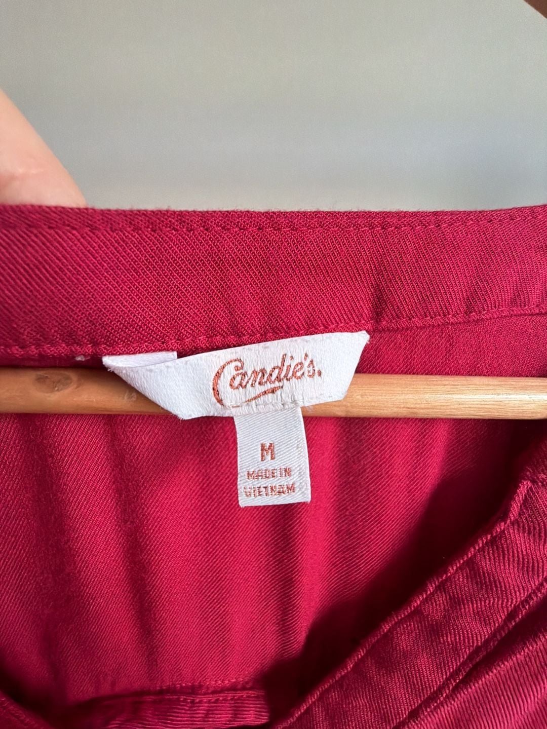 Candie's Women's Medium Burgundy Pink Roll Tab Sleeve V-Neck Tie Front Blouse 3