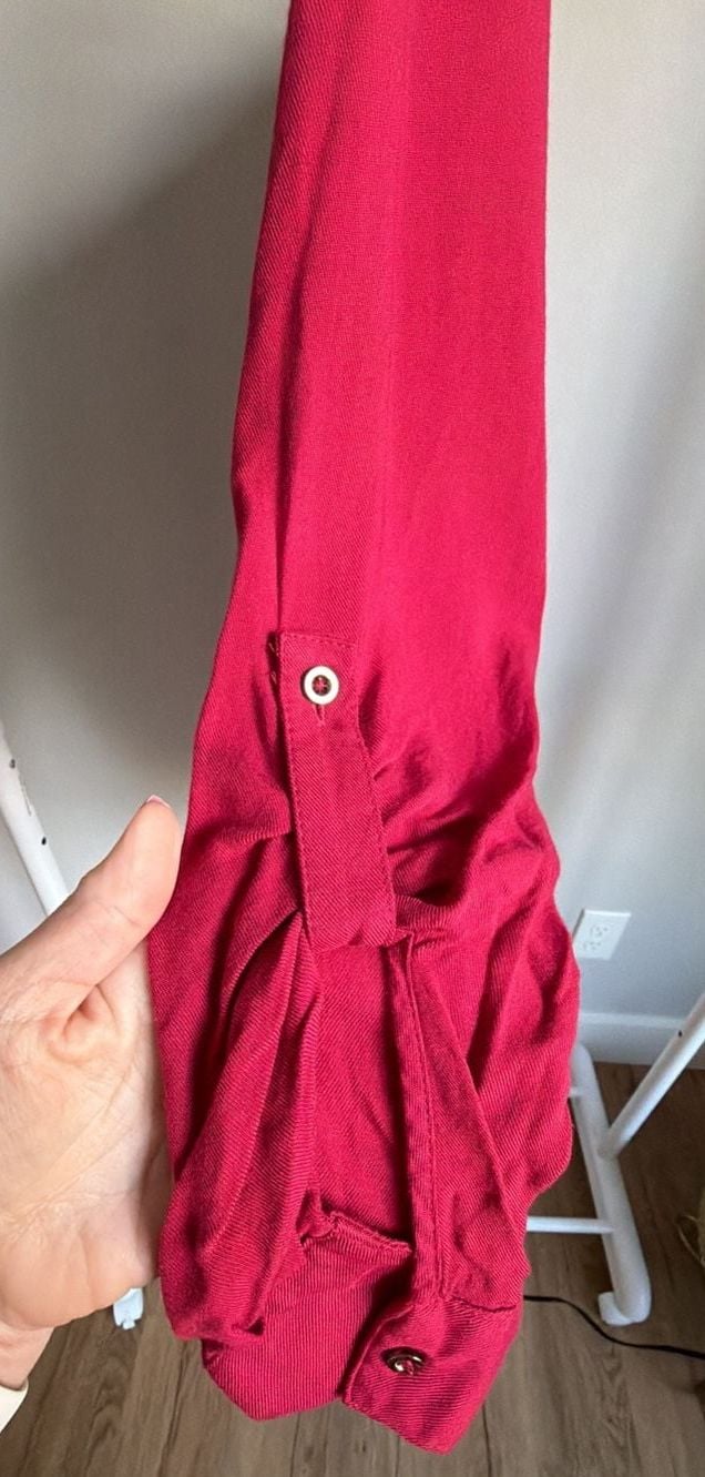 Candie's Women's Medium Burgundy Pink Roll Tab Sleeve V-Neck Tie Front Blouse 5