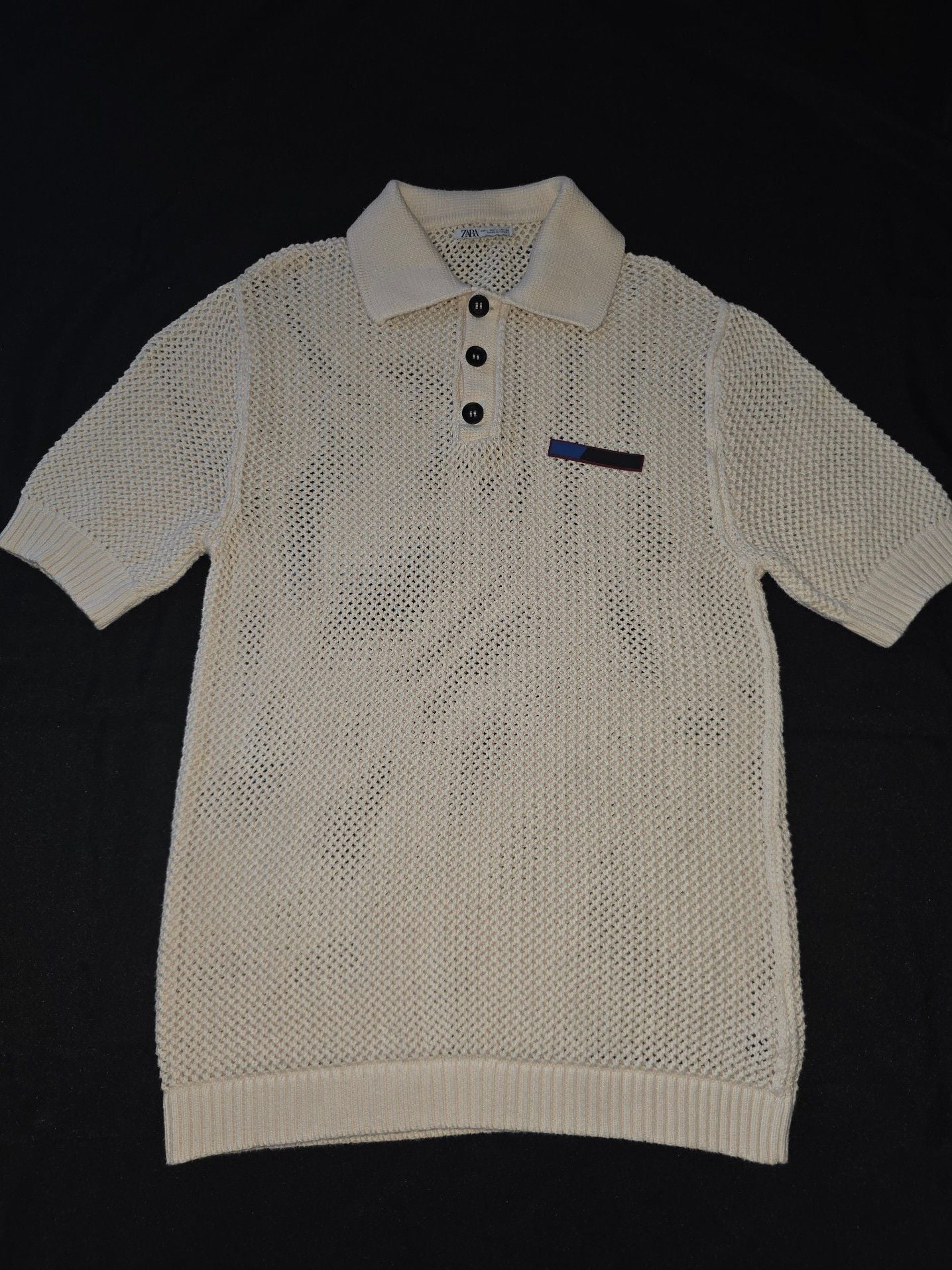 Zara Open Knit Crochet Polo Shirt Cream Size L 2
