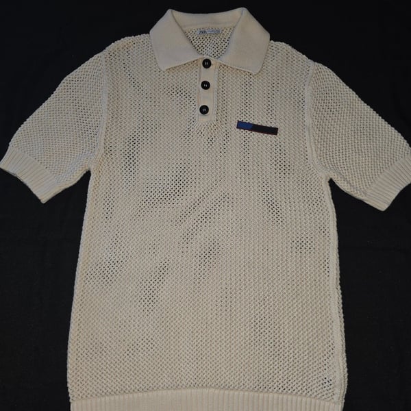 Zara Open Knit Crochet Polo Shirt Cream Size L