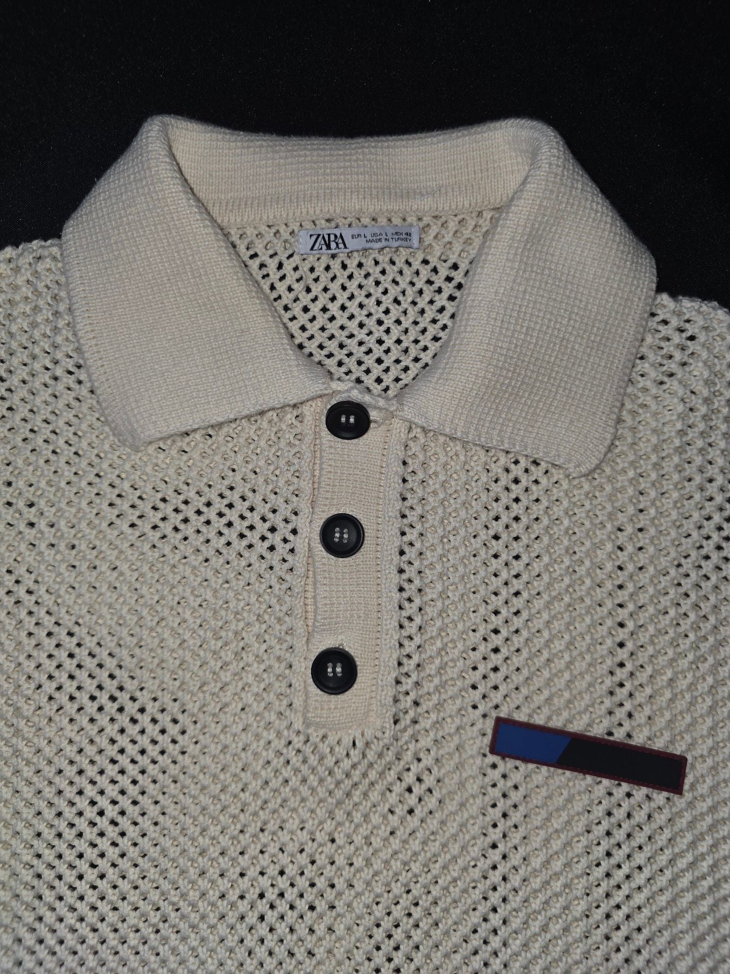 Zara Open Knit Crochet Polo Shirt Cream Size L 3