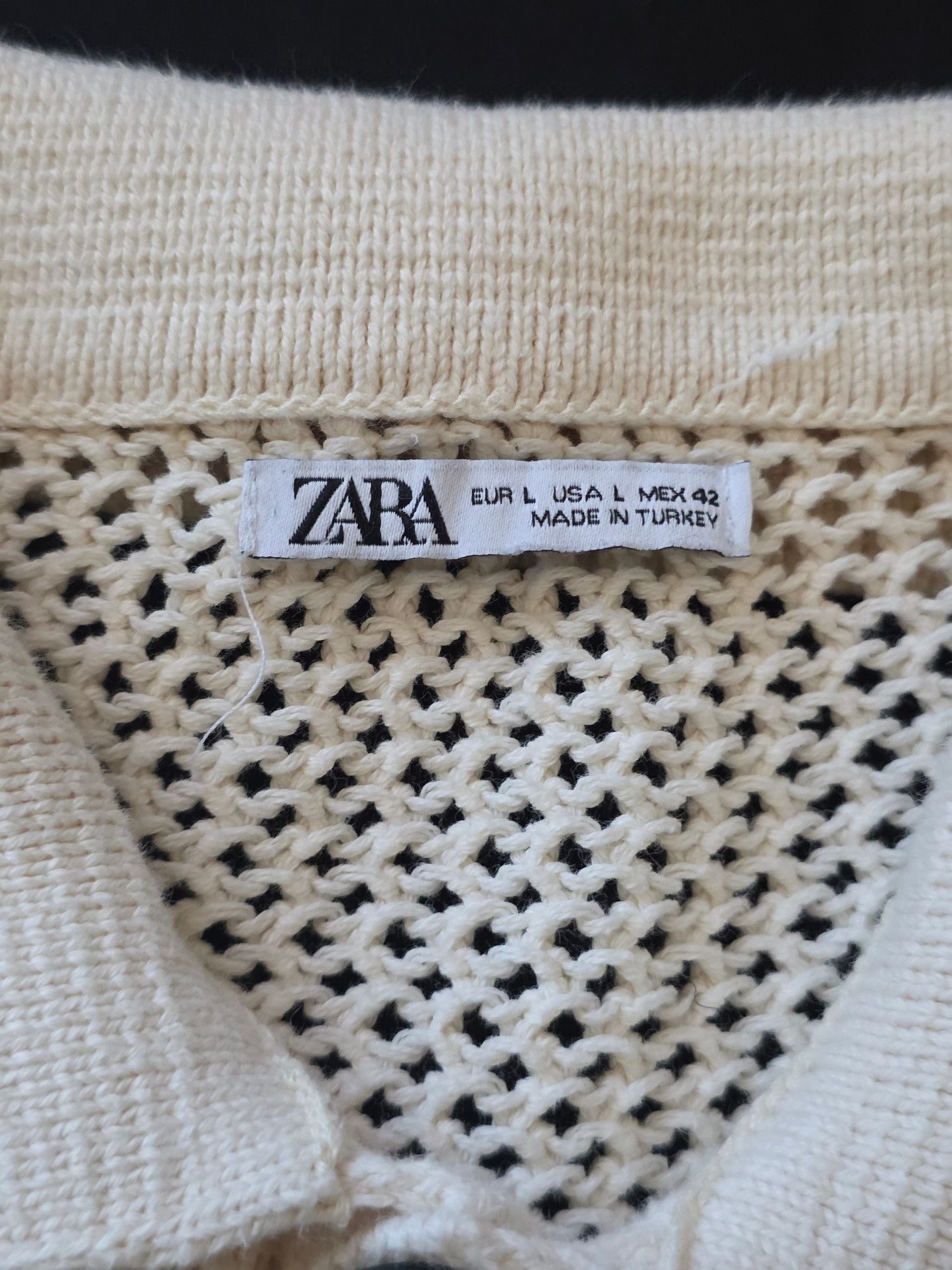 Zara Open Knit Crochet Polo Shirt Cream Size L 4