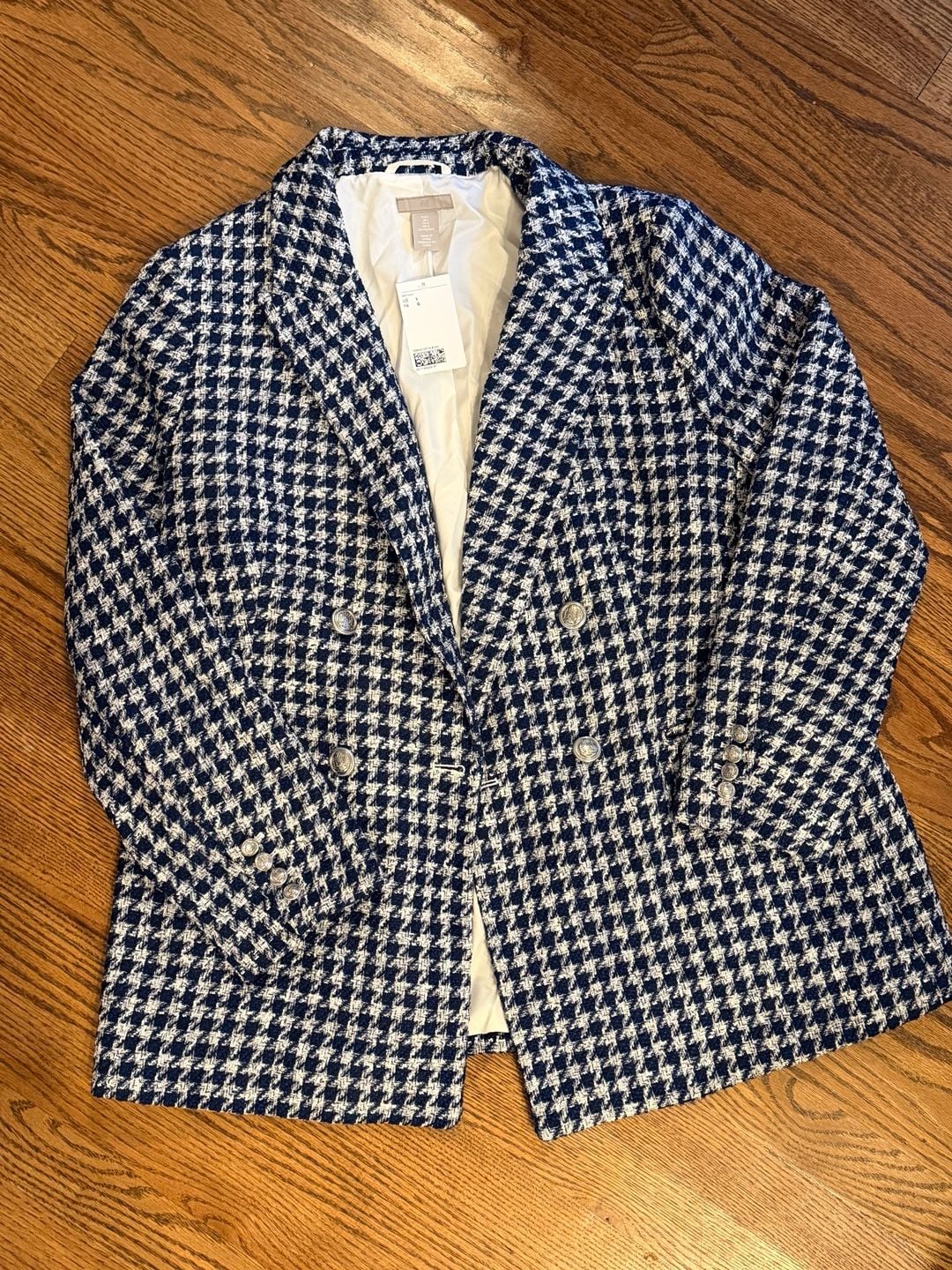 H&M Blue and White Houndstooth Textured-Weave Double-Breasted Blazer 2