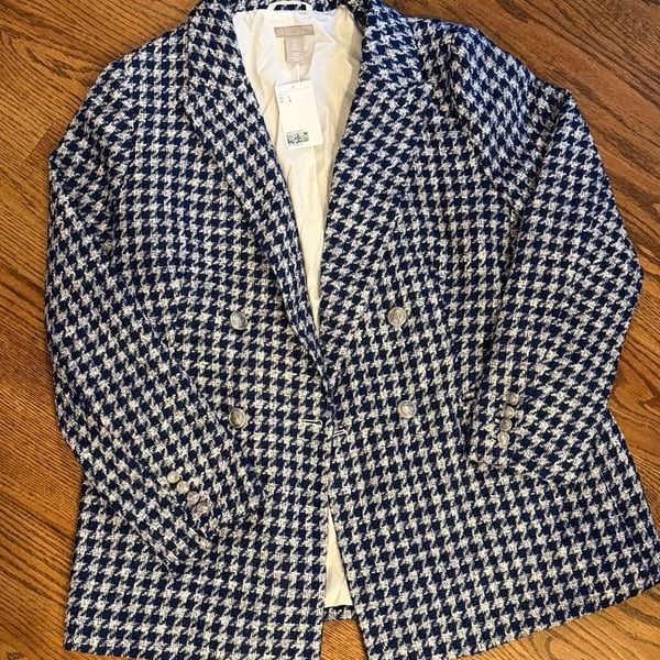 H&M Blue and White Houndstooth Textured-Weave Double-Breasted Blazer