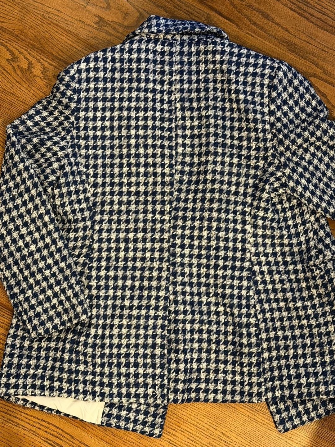 H&M Blue and White Houndstooth Textured-Weave Double-Breasted Blazer 4