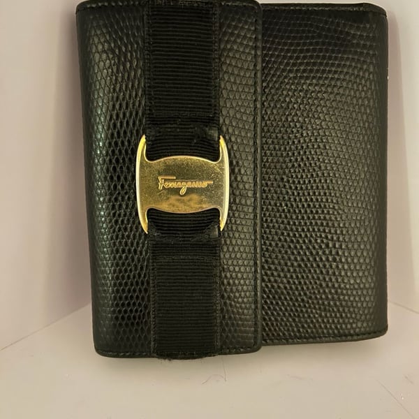 Salvatore Ferragamo Black Textured Leather Wallet With Gancini Clasp