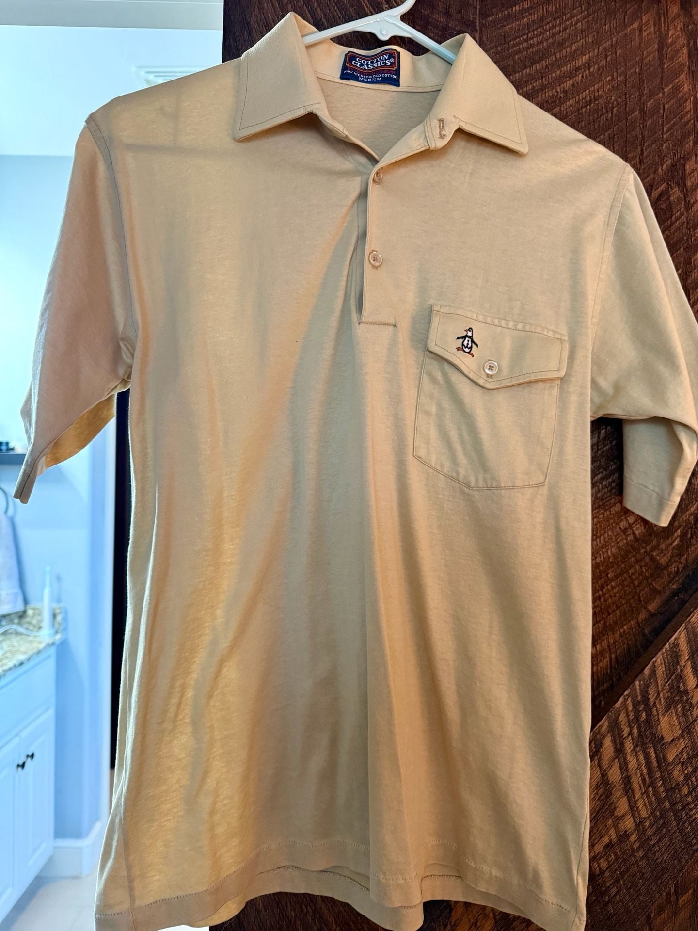Vintage Cotton Classics by Munsingwear Beige Short Sleeve Polo Shirt with Pocket and Penguin Logo Medium 2