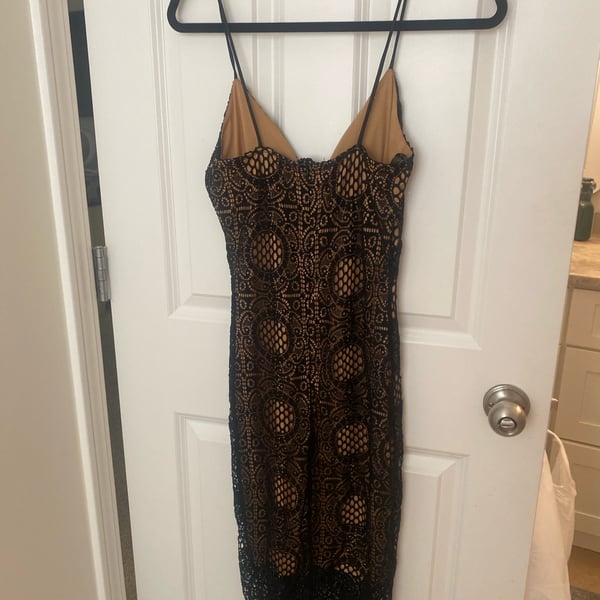 Papaya Black Crochet Lace Midi Dress with Nude Lining