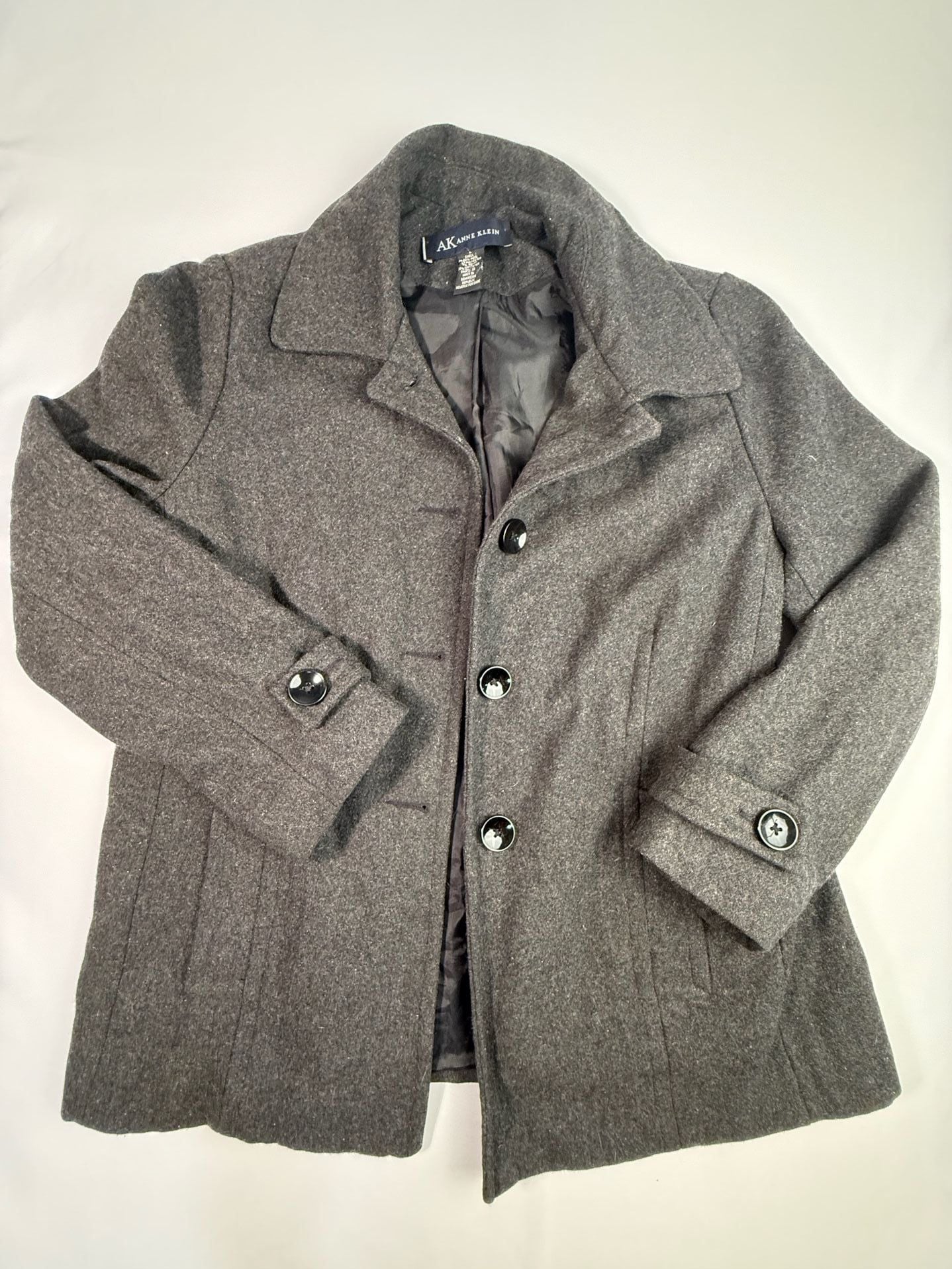 Anne Klein AK Wool Blend Gray Pea Coat Jacket Size L 2
