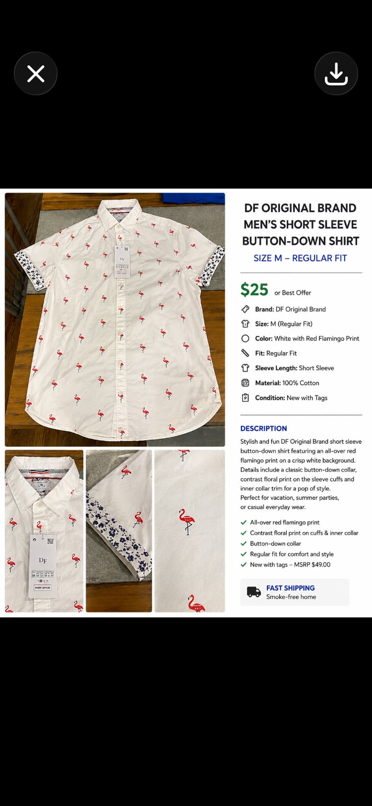 Denim & Flower Ricky Singh Men's Short Sleeve Button-Down Shirt White Flamingo Size M 2
