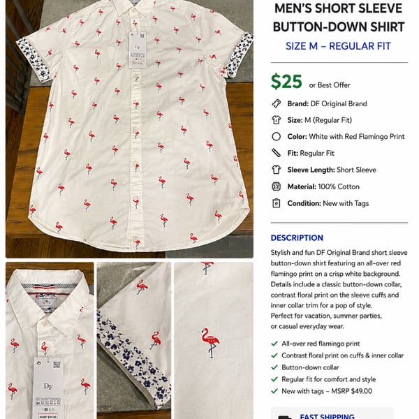 Denim & Flower Ricky Singh Men's Short Sleeve Button-Down Shirt White Flamingo Size M