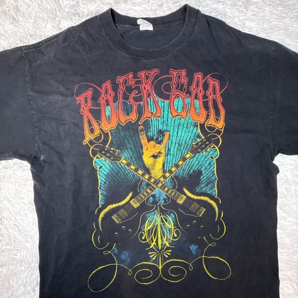 Vintage Rock God Guitar Hand Sign Graphic T-Shirt Black XL