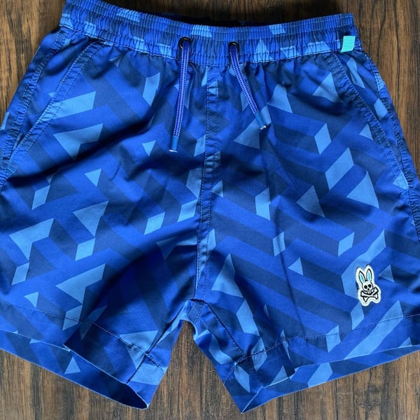 Psycho Bunny Boys Size 5-6 XS Blue Geometric Swim Trunks Mesh Lined