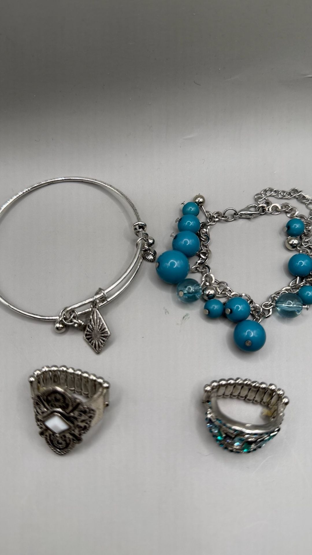 4-Piece Turquoise & Silver Boho Jewelry Bundle – Bracelets & Rings 1