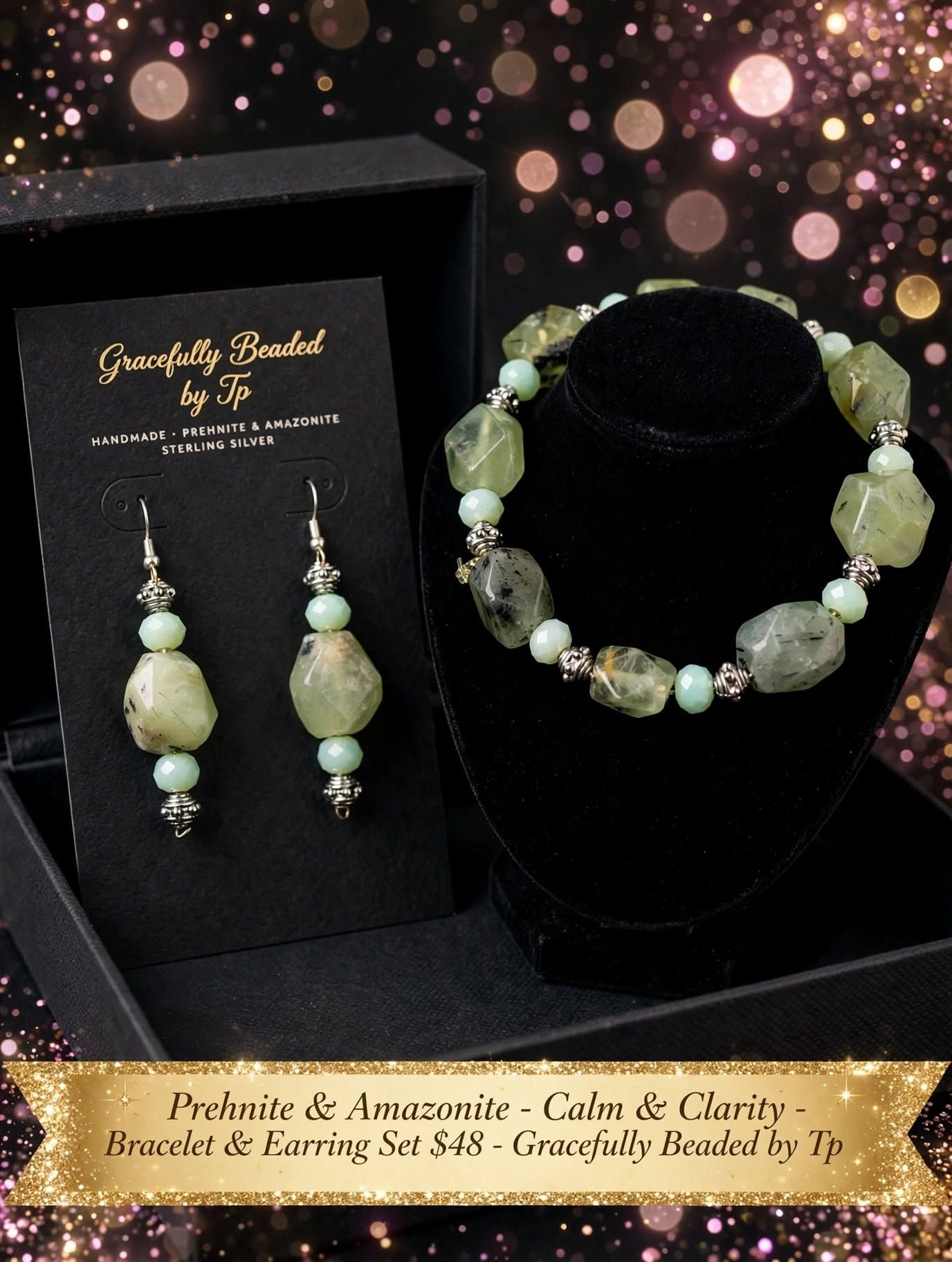 Gracefully Beaded by Tp Prehnite and Amazonite Sterling Silver Calm and Clarity Bracelet and Earring Set 1