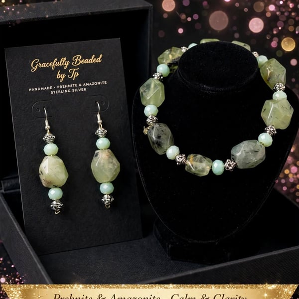 Gracefully Beaded by Tp Prehnite and Amazonite Sterling Silver Calm and Clarity Bracelet and Earring Set