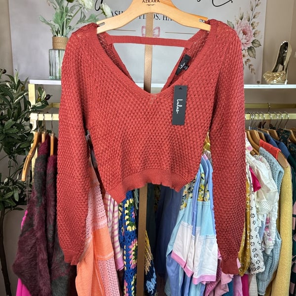 Lulus Rust Orange Open Knit Twist Back Cropped Sweater XS NWT