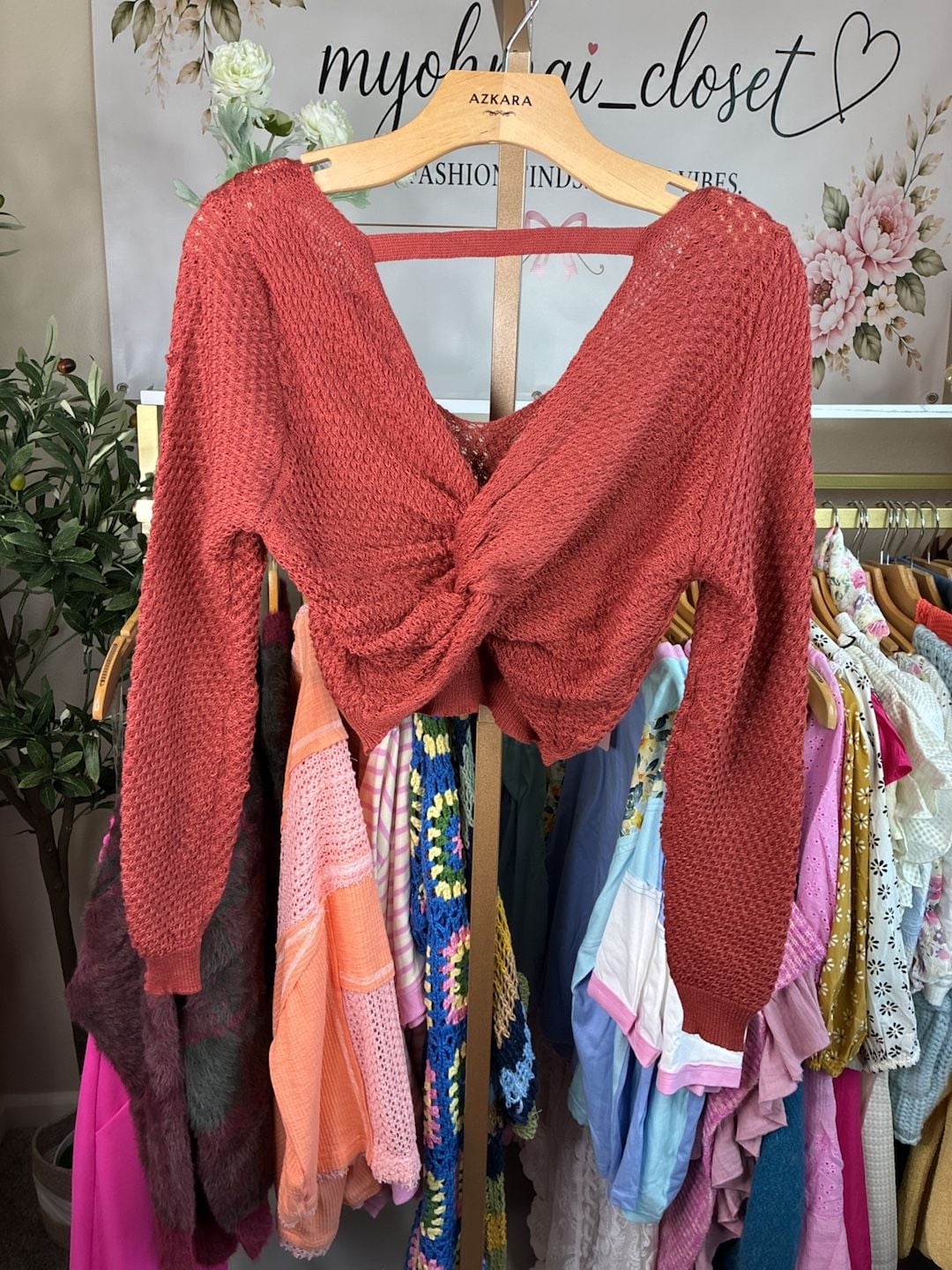 Lulus Rust Orange Open Knit Twist Back Cropped Sweater XS NWT 7