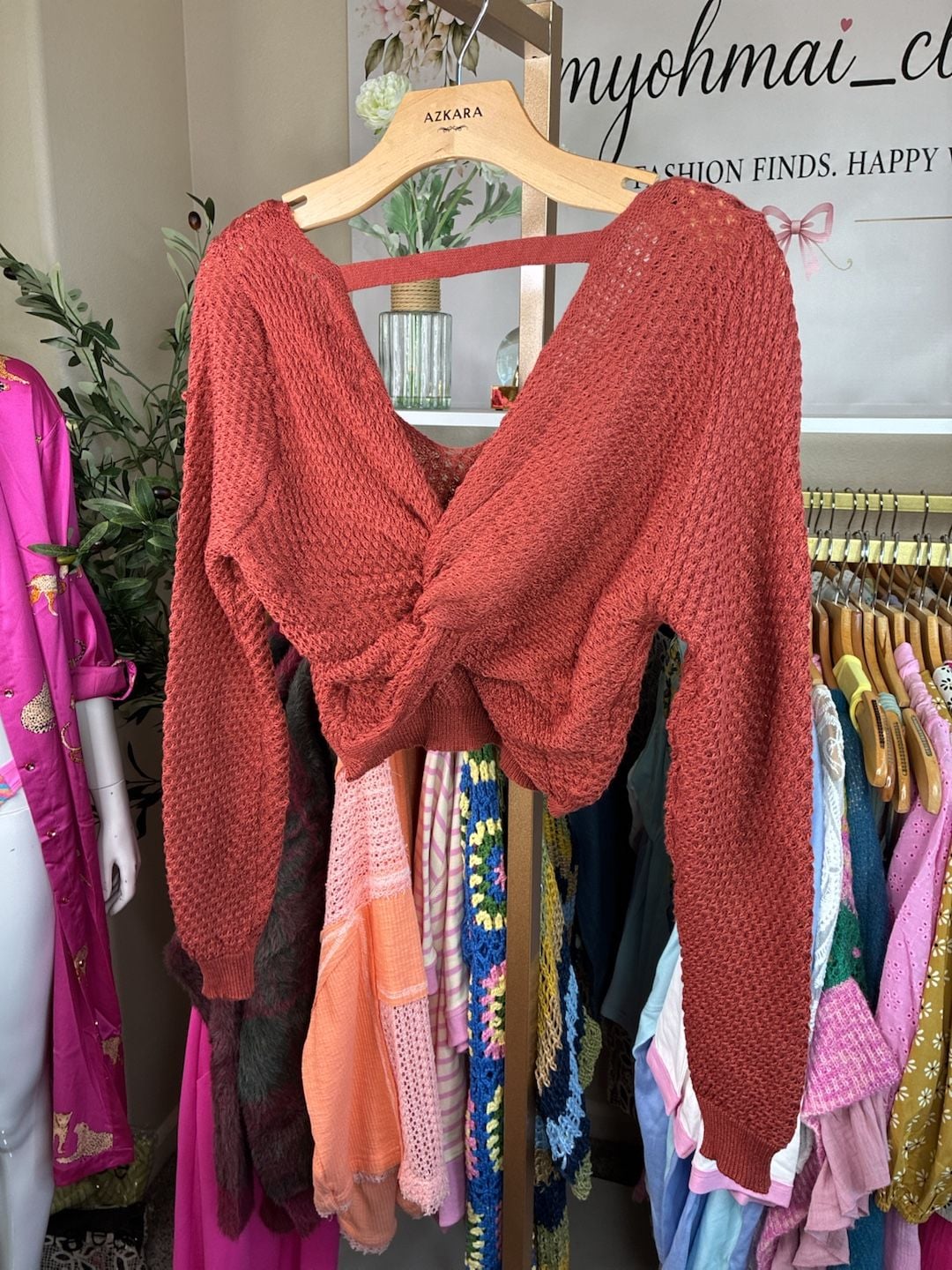 Lulus Rust Orange Open Knit Twist Back Cropped Sweater XS NWT 8