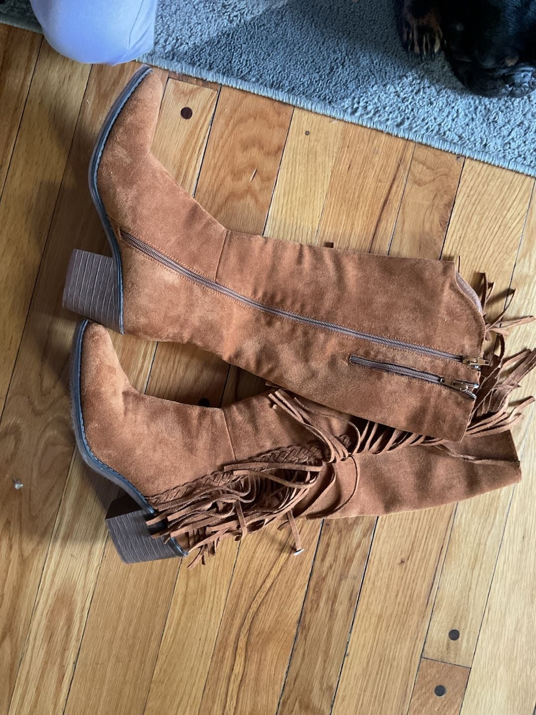 Tan Faux Suede Fringe Knee-High Boots with Block Heel and Side Zipper 2
