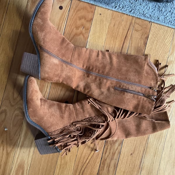 Tan Faux Suede Fringe Knee-High Boots with Block Heel and Side Zipper