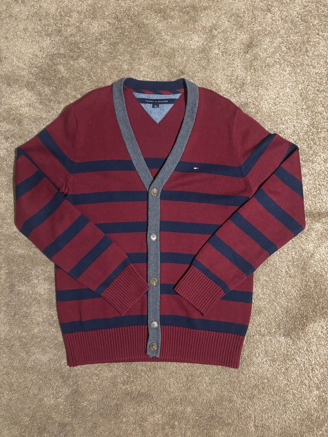 Tommy Hilfiger Men's Striped V-Neck Button Cardigan Sweater Burgundy Navy Size M 2