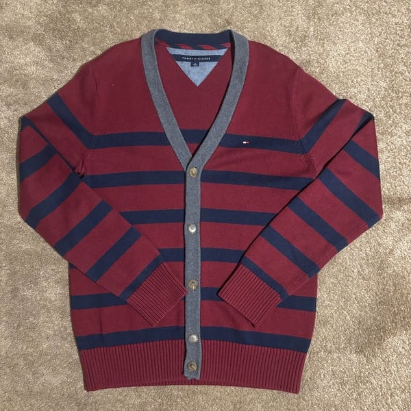 Tommy Hilfiger Men's Striped V-Neck Button Cardigan Sweater Burgundy Navy Size M