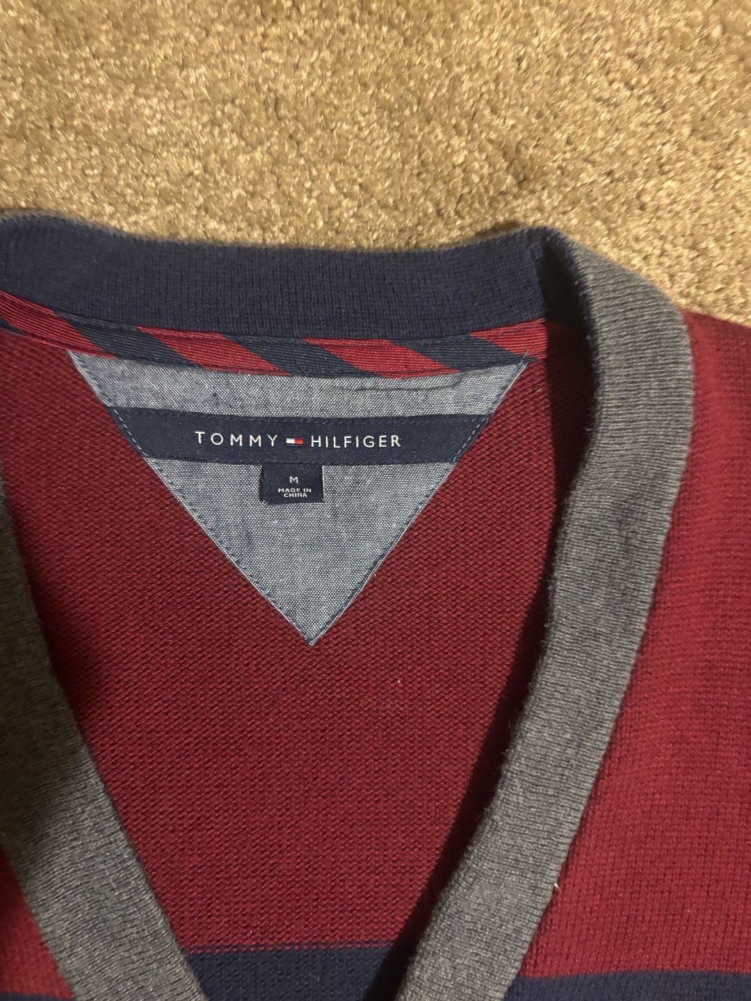 Tommy Hilfiger Men's Striped V-Neck Button Cardigan Sweater Burgundy Navy Size M 3
