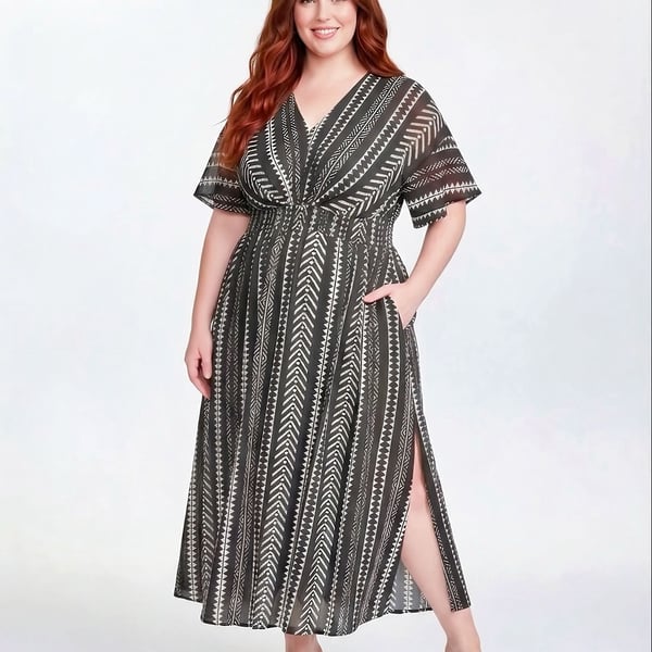 BloomChic Plus 18 20  2X  BoHo Geometric Black and White V Neck Dress Pockets 