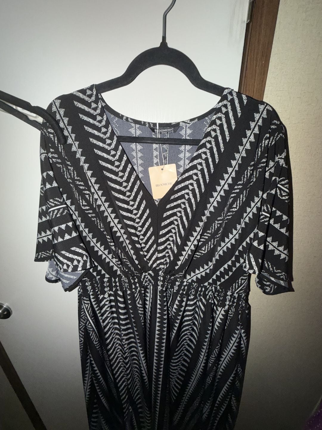 BloomChic Plus 18 20  2X  BoHo Geometric Black and White V Neck Dress Pockets  8