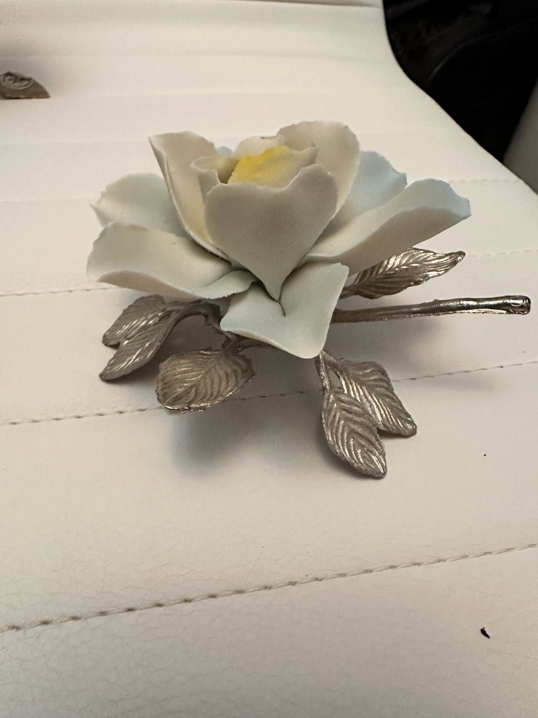 Capodimonte Artistic Castings Italian Porcelain Flower Silver Tone Metal Leaves 4