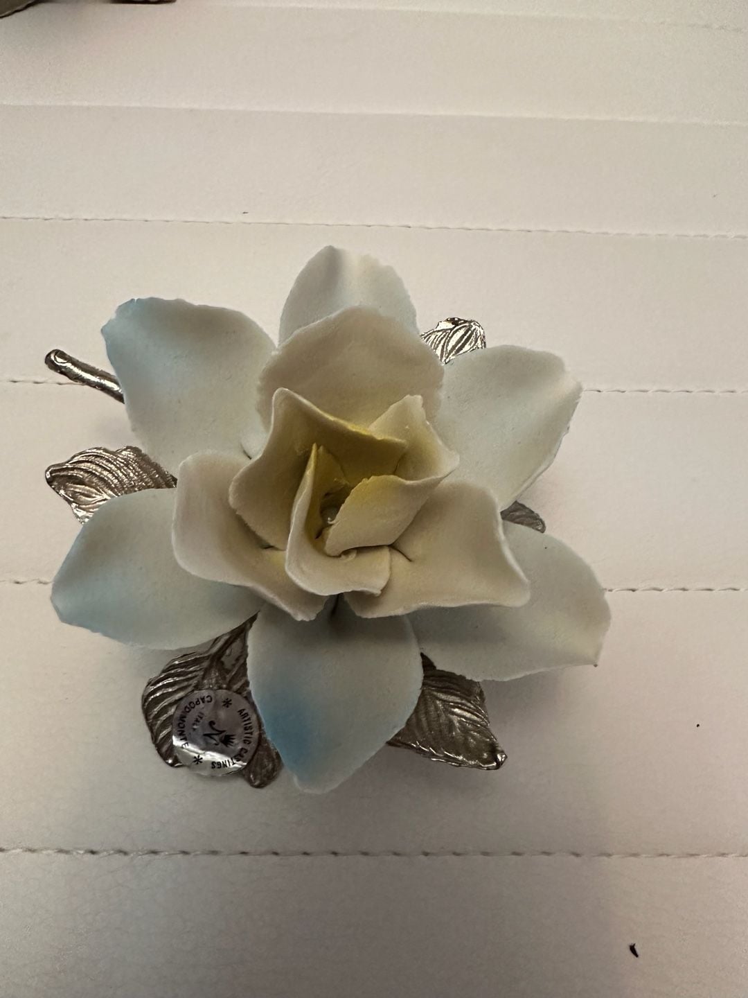 Capodimonte Artistic Castings Italian Porcelain Flower Silver Tone Metal Leaves 5