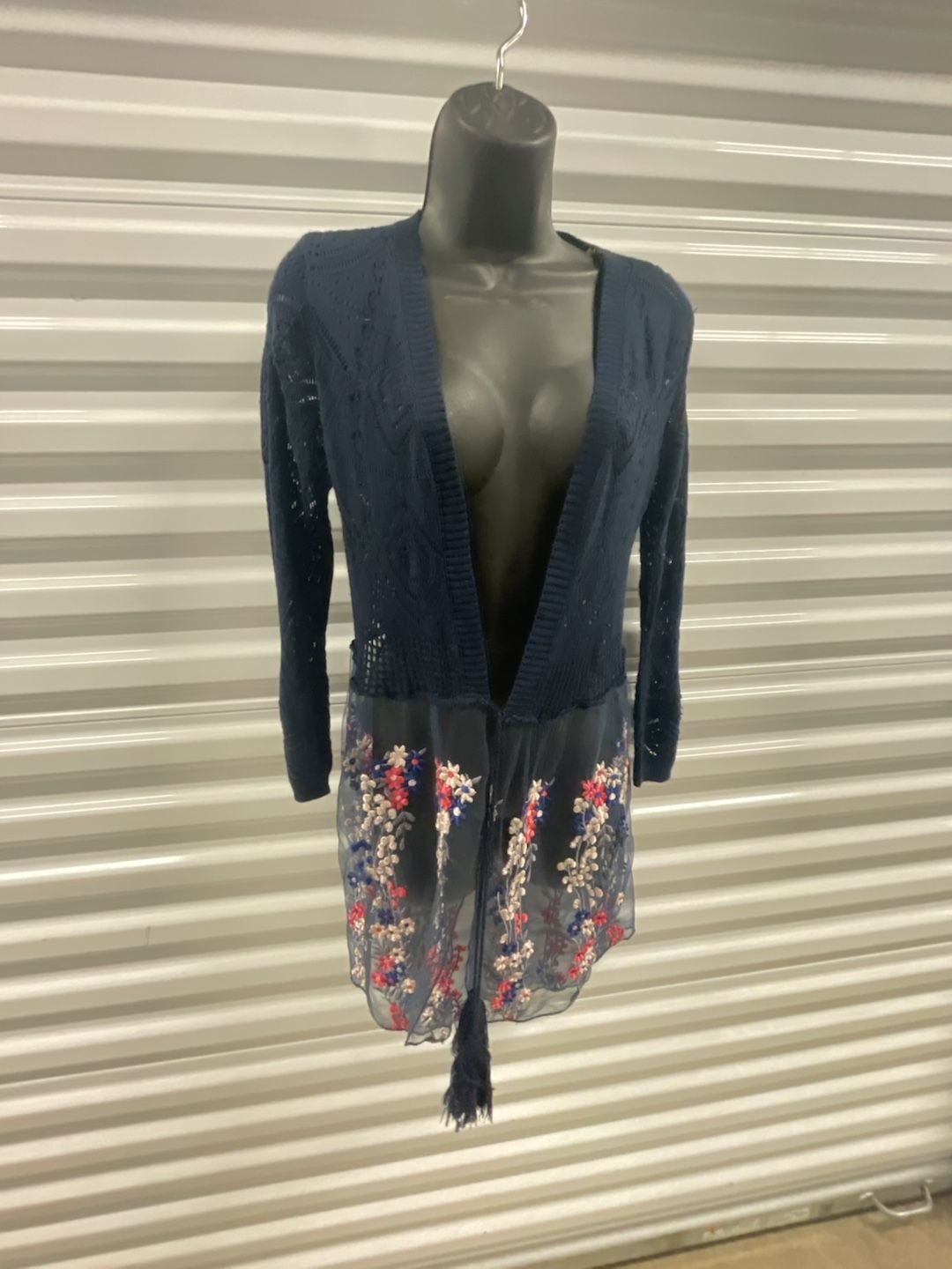 Absolutely Famous Navy Blue Cardigan Sweater with Floral Embroidered Mesh Overlay 3