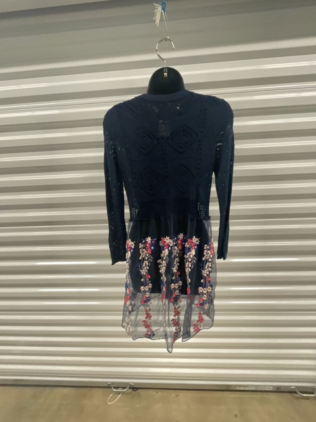 Absolutely Famous Navy Blue Cardigan Sweater with Floral Embroidered Mesh Overlay 4