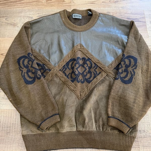 Vintage Saxony Genuine Leather Suede Trim Knit Sweater Coogie Style Grandpa