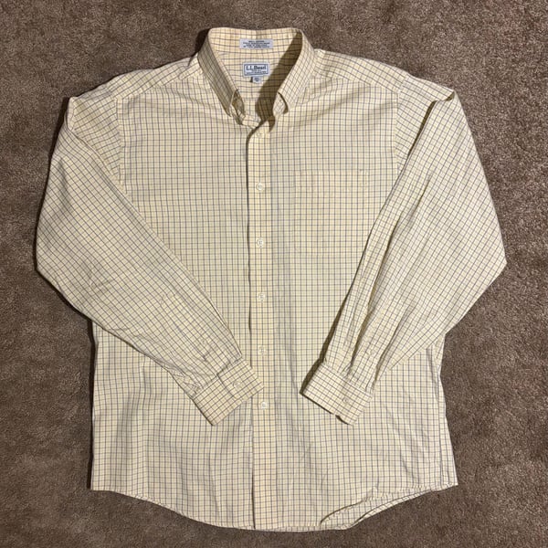 Vintage L.L. Bean Mens L Yellow Plaid Button Down Cotton Shirt Hong Kong Made
