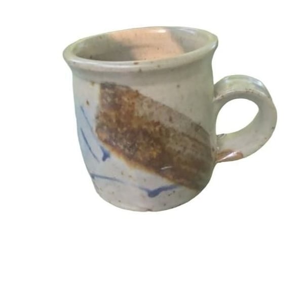 Hand Thrown Stoneware Ceramic Mug with Brown and Blue Glaze, Signed