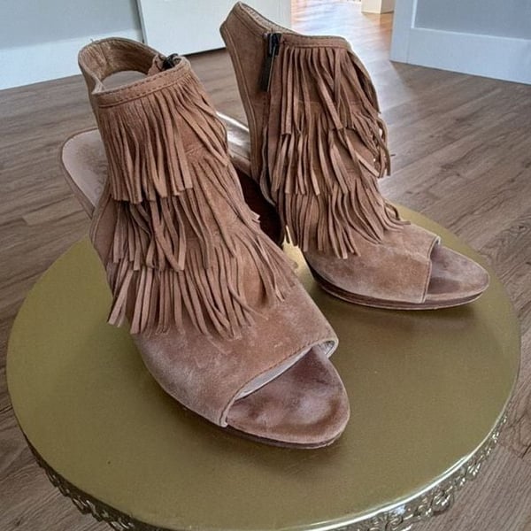 Vince Camuto Torey Chestnut Suede Fringe Open Toe Booties
