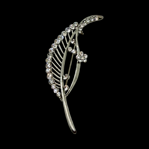 Silver Tone Clear Rhinestone Leaf Spray Pin Brooch with Flower Accent