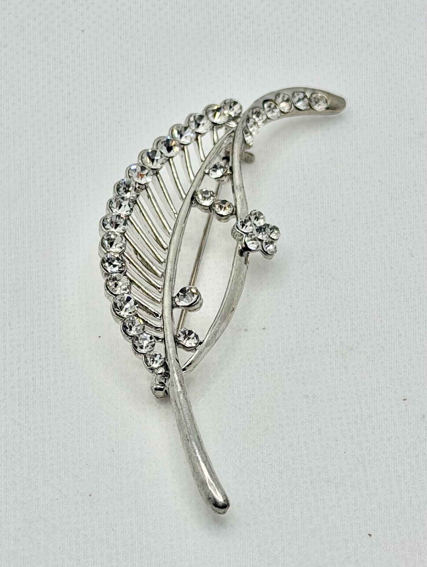 Silver Tone Clear Rhinestone Leaf Spray Pin Brooch with Flower Accent 3