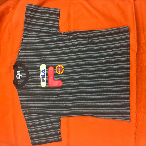 Vintage 90s FILA Vertical Stripe T-Shirt with Big Logo Patch Made in USA XL